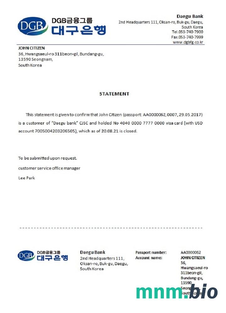 Przykład odniesienia do zamknięcia Banku DGB w Korei Południowej w formatach Word i PDF